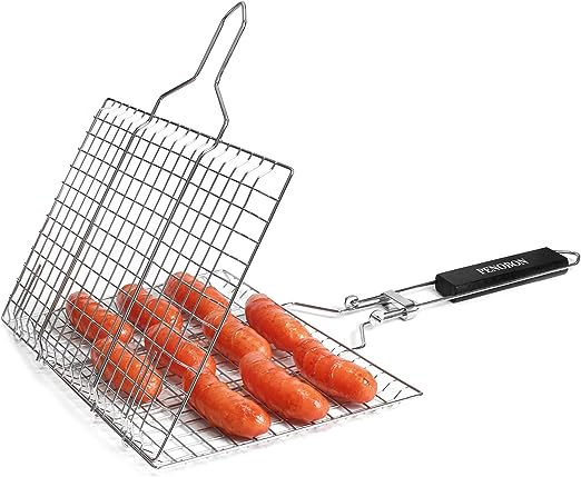 Fish Grilling Basket, Folding Portable Stainless Steel BBQ Grill Basket for Fish Vegetables Shrimp with Removable Handle, Come with Basting Brush and Storage Bag (01)