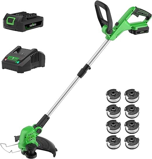 💥SOYUS Weed Wacker Cordless, 12 Inch String Trimmer Battery Powered with Battery and Charger, Lightweight Edger Trimmer with 8 Pcs Replace Spool Trimmer Lines