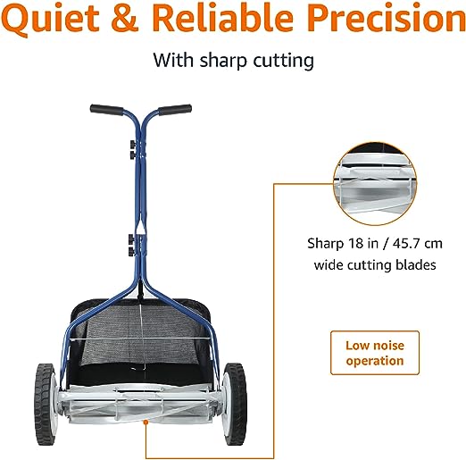 Amazon Basics 18-Inch 5-Blade Push Reel Lawn Mower with Grass Catcher, Blue