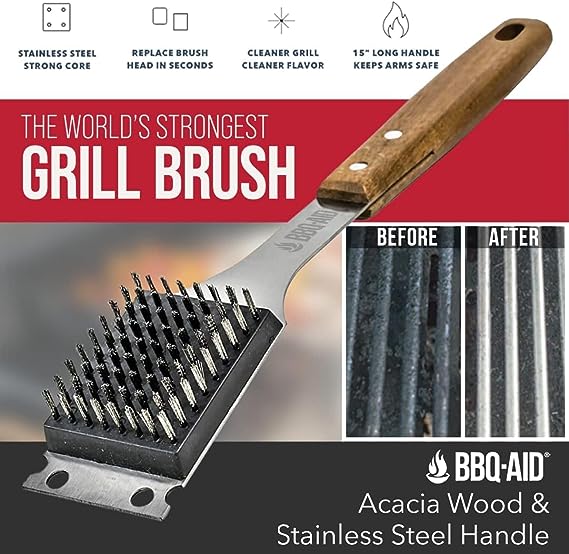 BBQ-Aid Grill Brush and Scraper for Barbecue – Grill Brush for Outdoor Grill with Extended, Large Wooden Handle and Replaceable Stainless Steel Bristles Head –No Scratch- BBQ Grill Brush for Any Grill