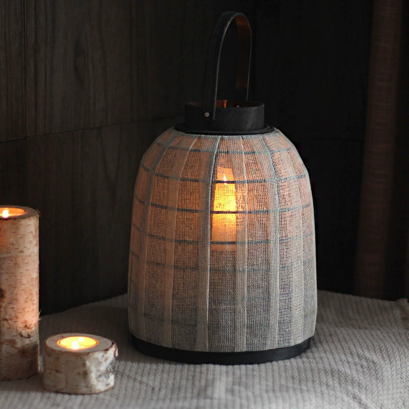 Vintage White Fabric Lantern with Wooden Handle – Candle Holder Decorative Piece for Garden, Courtyard, and Guesthouse, New Chinese & Nordic Style