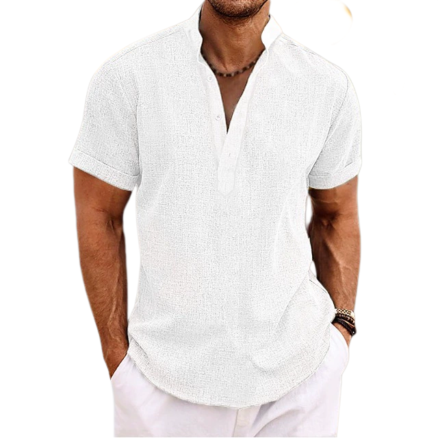 Men Linen Summer Beach Shirt Short Sleeve Solid Color Henry Shirt Summer Casual Daily Men Shirt