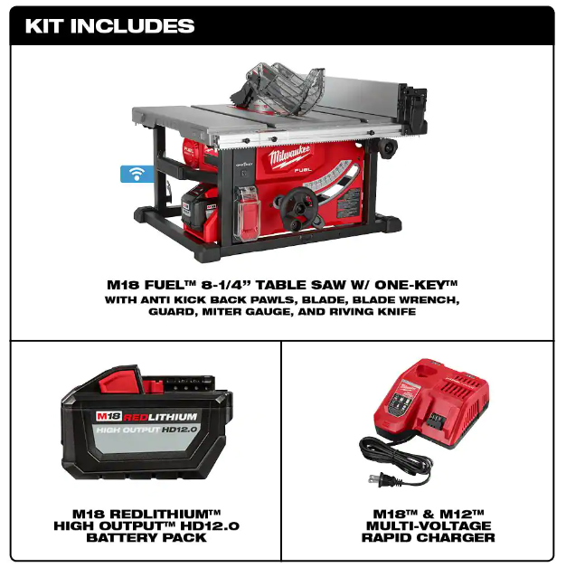 M18 FUEL ONE-KEY 18- volt Lithium-Ion Brushless Cordless 8-1/4 in. Table Saw Kit W/(1) 12.0Ah Battery & Rapid Charger