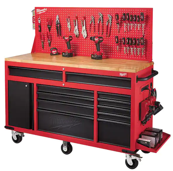 61 in. 11-Drawer/1-Door 22 in. D Mobile Workbench with Sliding Pegboard Back Wall in Red/Black