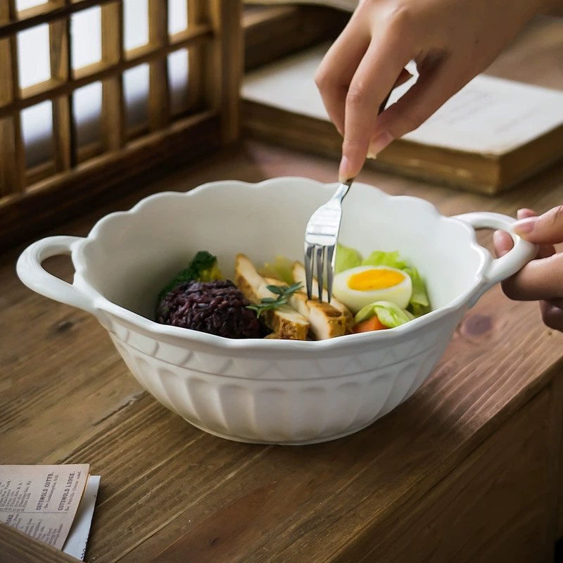 Japanese-Inspired Embossed Double-Handled Ceramic Bowl