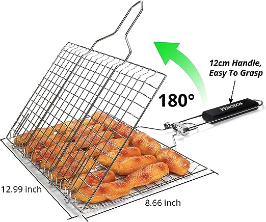 Fish Grilling Basket, Folding Portable Stainless Steel BBQ Grill Basket for Fish Vegetables Shrimp with Removable Handle, Come with Basting Brush and Storage Bag (01)