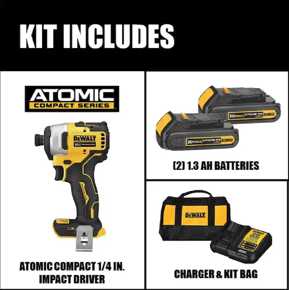 ATOMIC 20V MAX Cordless Brushless Compact 1/4 in. Impact Driver, (2) 20V 1.3Ah Batteries, Charger, and Bag