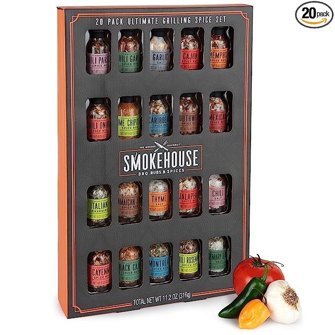 Smokehouse by Thoughtfully Ultimate Grilling Spice Set, Grill Seasoning Gift Set Flavors Include Chili Garlic, Rosemary and Herb, Lime Chipotle, Cajun Seasoning and More, Pack of 20