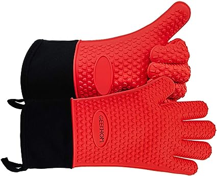 GEEKHOM BBQ Gloves, Grilling Gloves Heat Resistant Oven Gloves, Kitchen Silicone Oven Mitts, Long Waterproof Non-Slip Pot Holder for Barbecue, Cooking, Baking