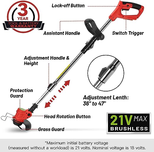 Weed Wacker Electric Weed Eater,3-in-1 Push Lawn Mower & Edger Tool with 3 Types Blades, 21V 2Ah Li-Ion Battery Powered for Garden and Yard,Red