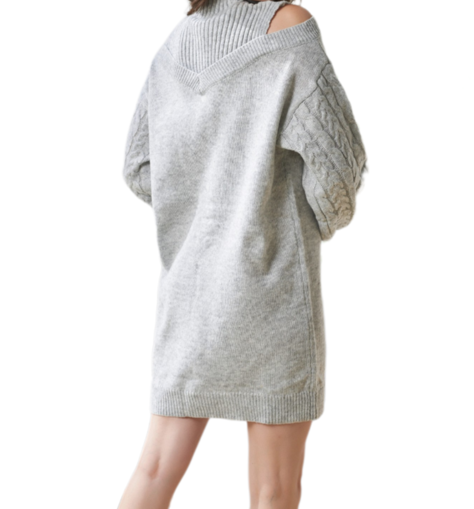 Fall New Pullover Knit Dress – Off-Shoulder, Mid-High Neck, Loose Long Sweater Dress