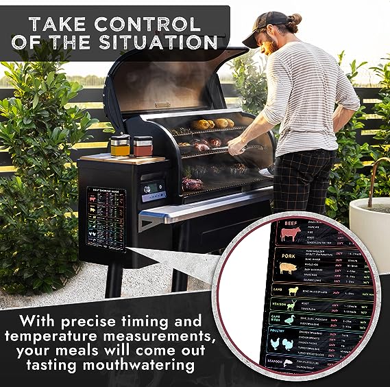 Roll over image to zoom in       Levain & Co Meat Temperature Magnet & BBQ Smoker Guide - Smoker & Pellet Grill Accessories - Wood, Time, & Temp Guide - Smoker Grill Accessories - BBQ Smoker Accessories - Meat Smoking Accessories