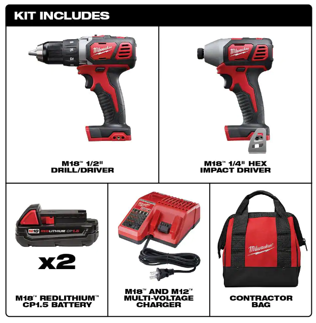 M18 18V Lithium-Ion Cordless Drill Driver/Impact Driver Combo Kit (2-Tool) W/ Two 1.5Ah Batteries, Charger Tool Bag