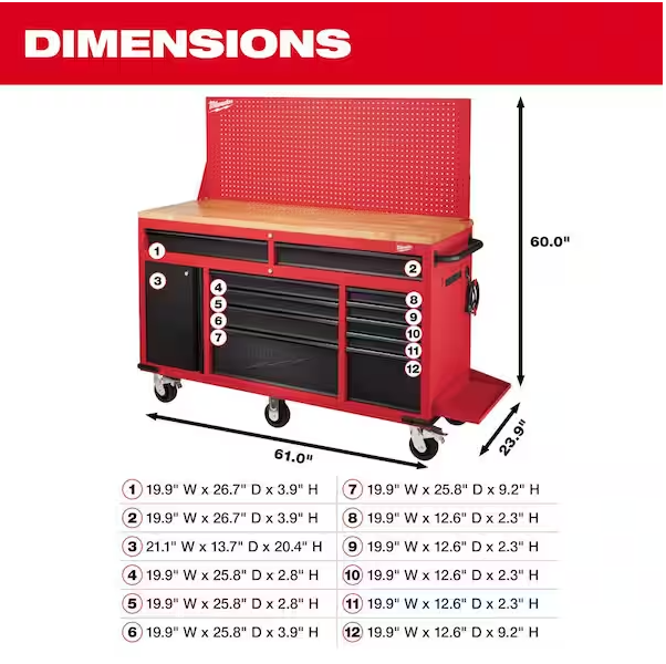 61 in. 11-Drawer/1-Door 22 in. D Mobile Workbench with Sliding Pegboard Back Wall in Red/Black