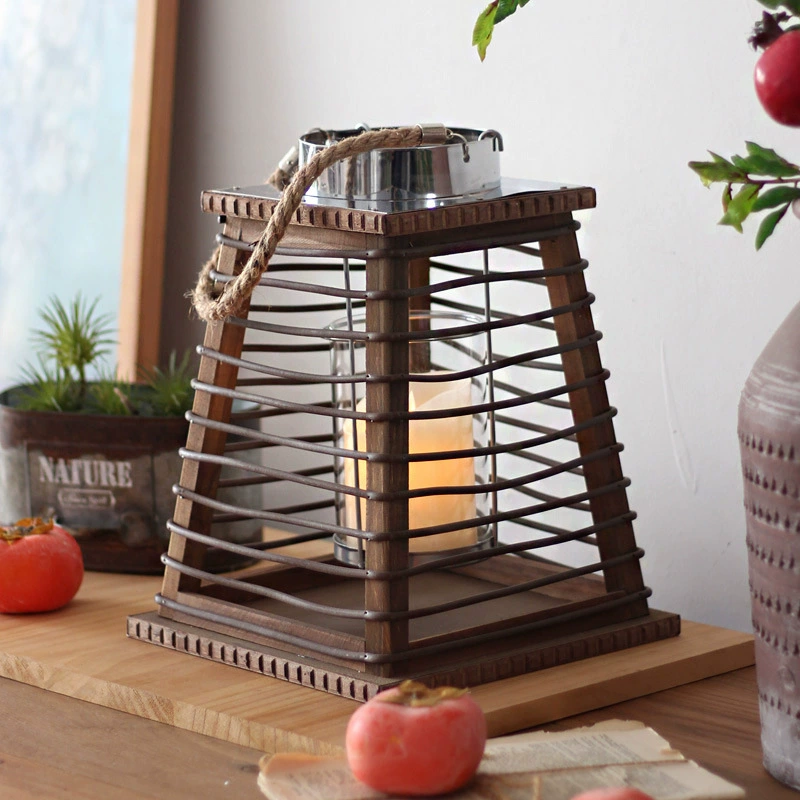 Vintage Wooden Lantern Candle Holder – Handheld Decorative Lamp for Coffee Shops, Showrooms, Bedrooms, Restaurants, and Courtyards, American Style