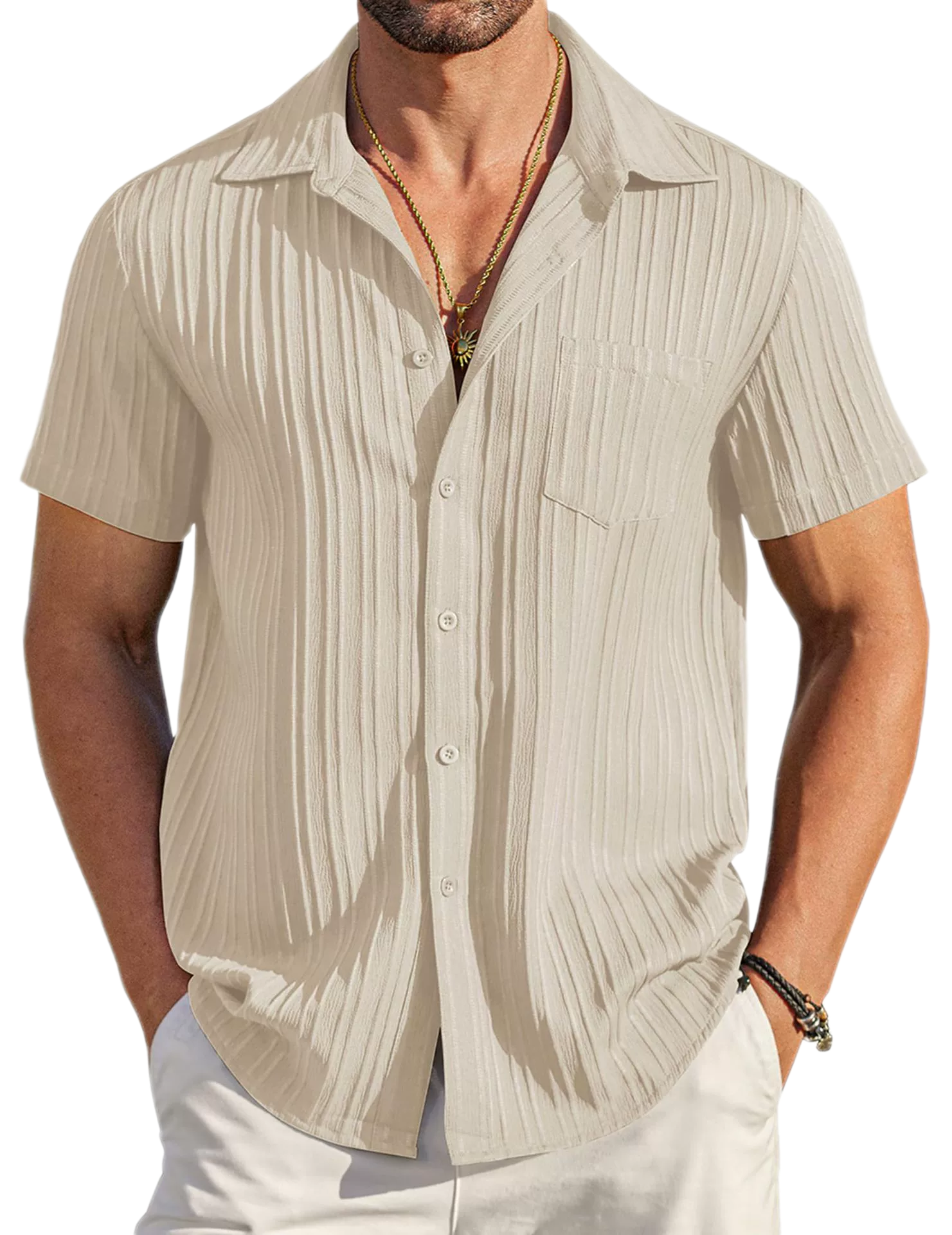 Men's Summer Polo Collar Short Sleeve Button Up Shirt Solid Color Casual Stylish