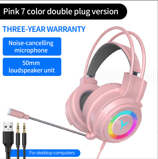 RGB Gaming Headset with Noise-Cancelling Microphone and 50mm Speaker - Black with 7-Color Lighting, Dual Plug, for Desktop Computers