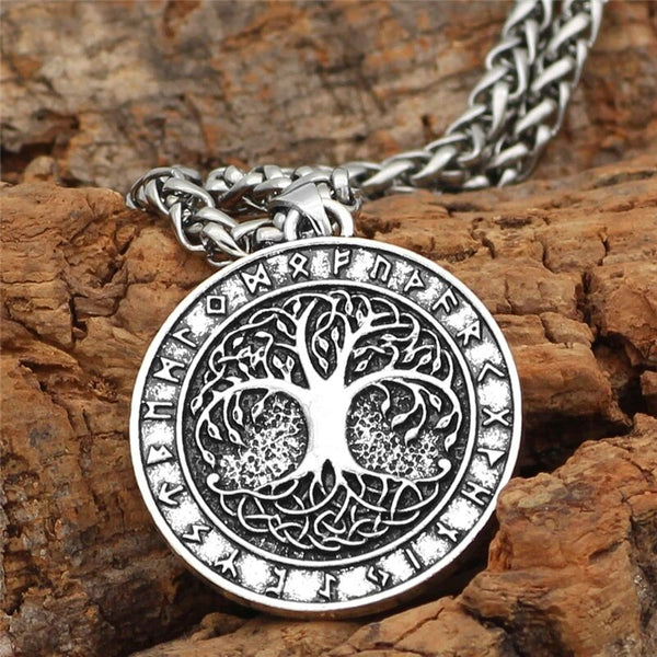 Nordic Vintage Tree of Life Round Pendant Viking Rune Necklace Antique Bronze Silver Color Men Women Jewelry Gifts