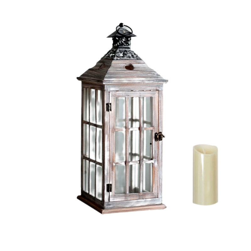 Vintage Wooden & Glass Lantern with Iron Candle Holder – Windproof Floor Lamp, European Style Decorative Piece, Rustic Photo Prop
