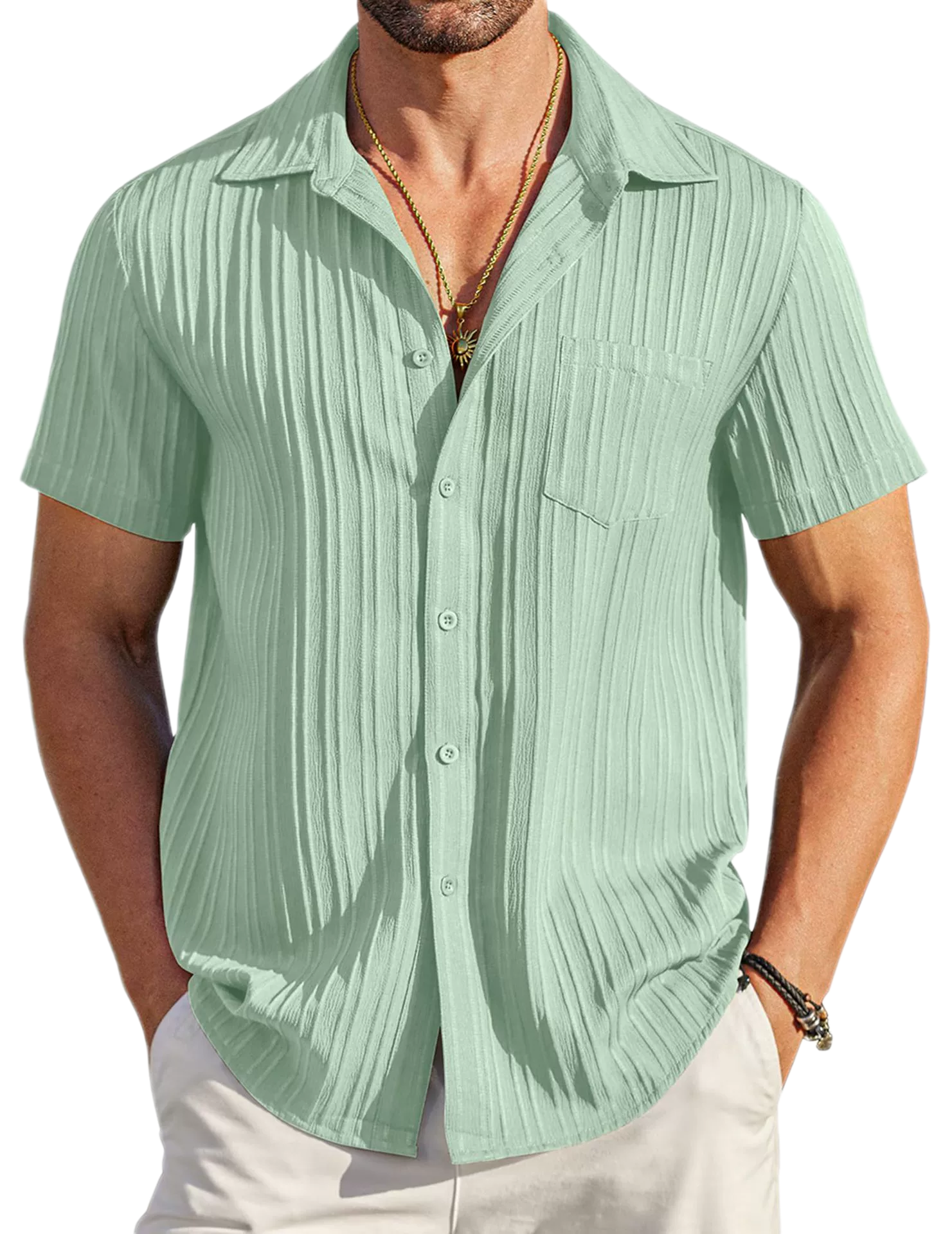 Men's Summer Polo Collar Short Sleeve Button Up Shirt Solid Color Casual Stylish