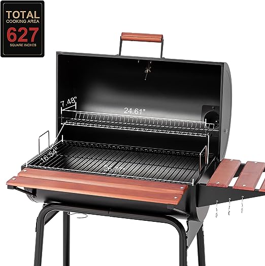 Royal Gourmet CC1830V 30 Barrel Charcoal Grill with Wood-Painted Side Front Table, 627 Square Inches Cooking Space, for Outdoor Backyard, Patio and Parties, Black