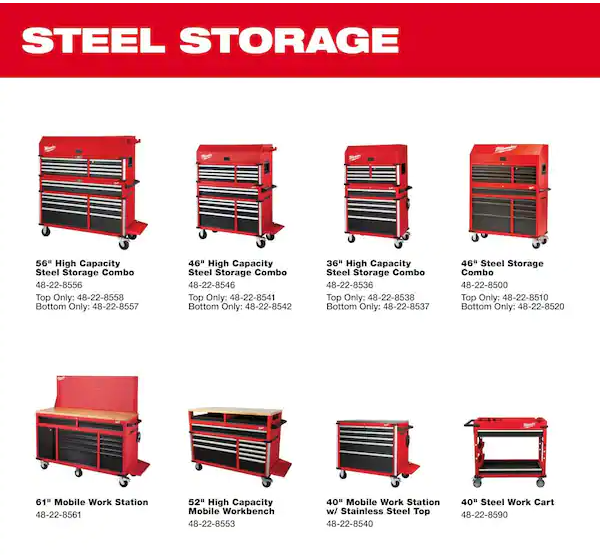 61 in. 11-Drawer/1-Door 22 in. D Mobile Workbench with Sliding Pegboard Back Wall in Red/Black