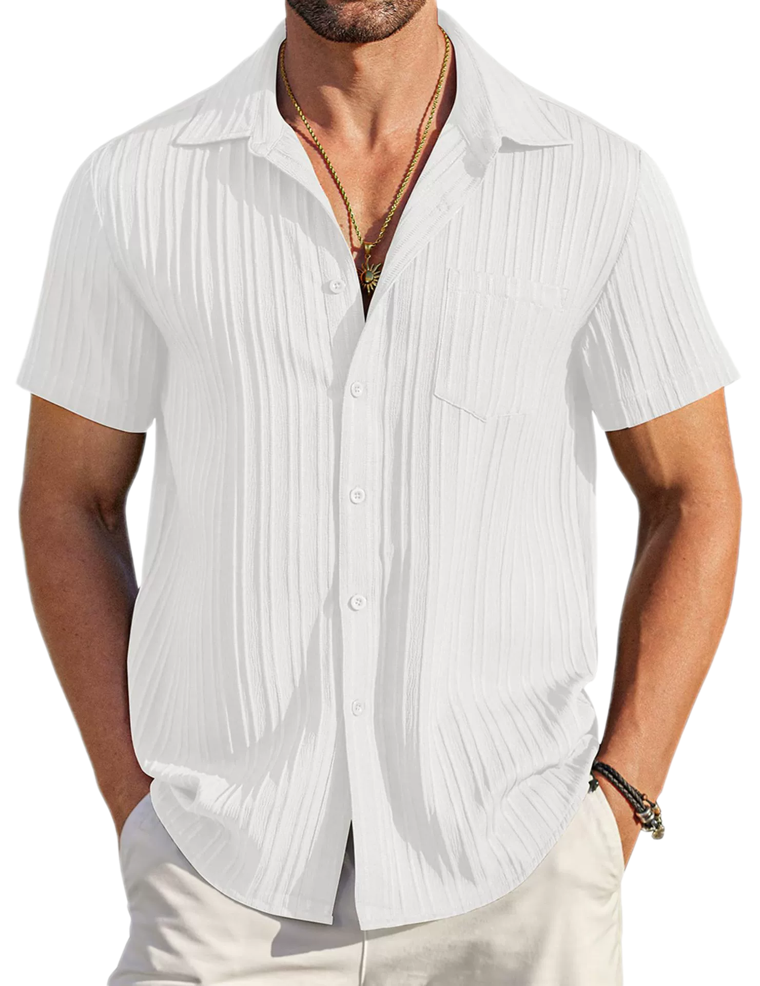 Men's Summer Polo Collar Short Sleeve Button Up Shirt Solid Color Casual Stylish