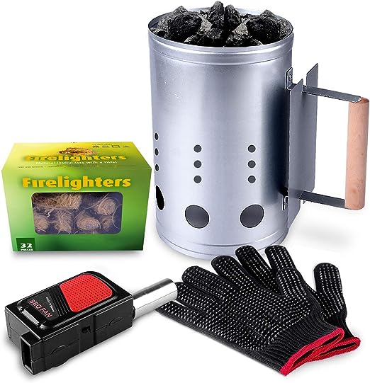 homenote Rapid Charcoal Chimney Starter Set Fireplace Accessories Lighter Cubes BBQ Heat Resistant Gloves Blower BBQ Tools