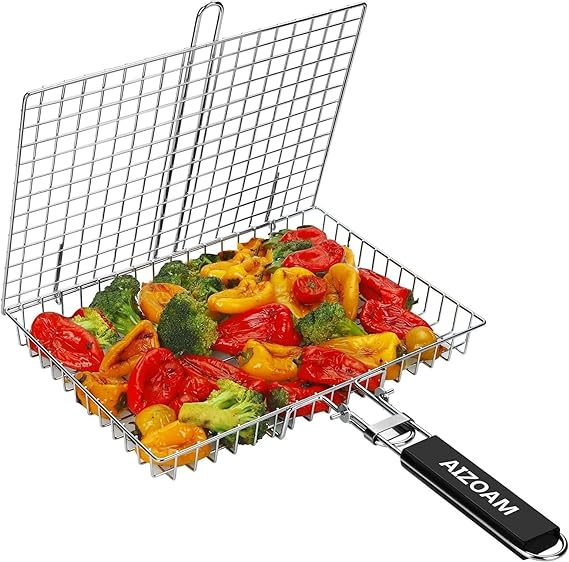 AIZOAM Grill Basket Stainless Steel BBQ Grilling Basket Large Folding Grill Basket with Removable Handle. Grill Basket for Fish,Vegetables Great Useful BBQ Accessories Grilling Gifts for Men Dad