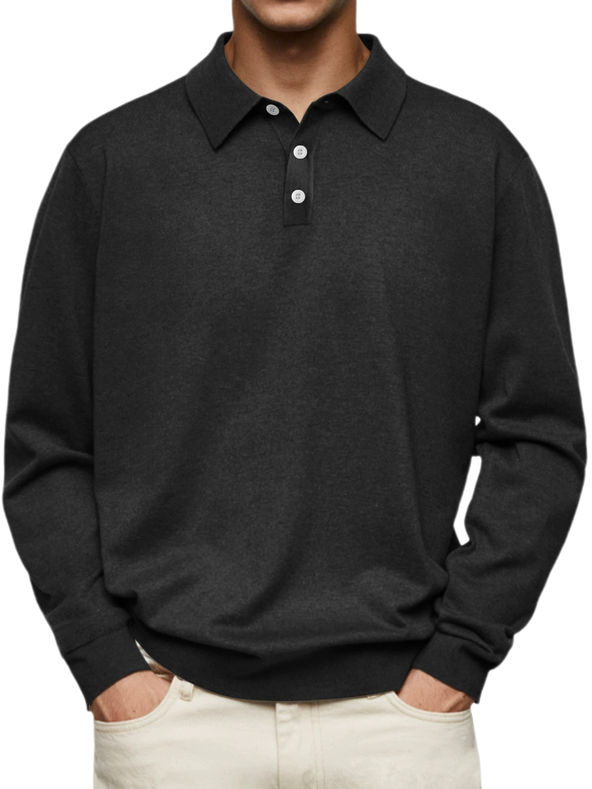 Men's Long Sleeve V Neck Button Polo Shirt Casual Autumn Top