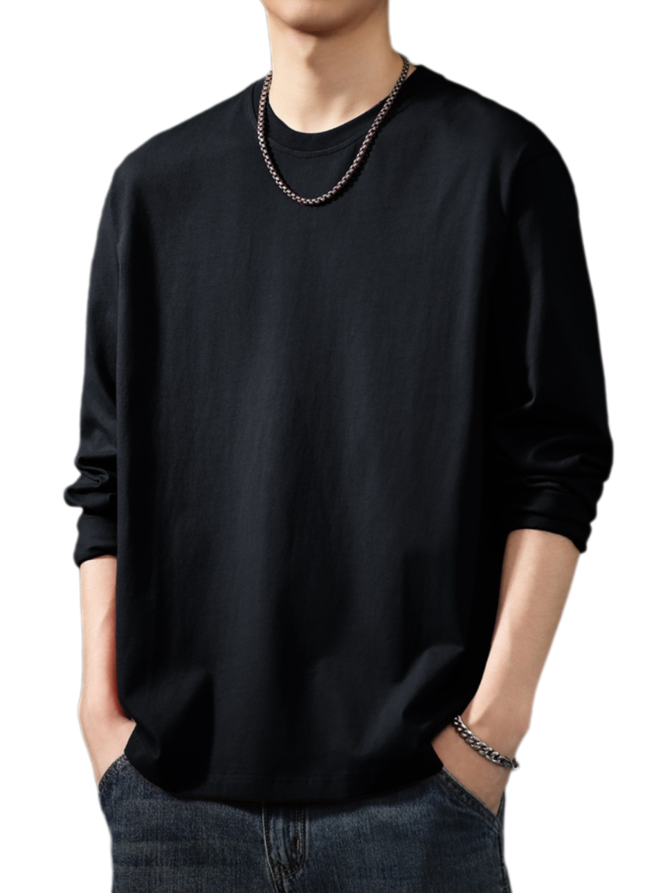 Heavyweight Pure Cotton Long Sleeve T-Shirt – Men's Black & White Crew Neck