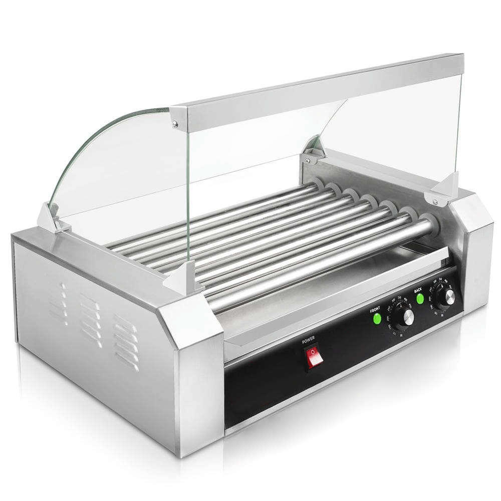 Olde Midway 167 sq. in. Stainless Steel Indoor Grill Hot Dog and Sausage Electric Countertop Cooker Machine with 7-Rollers and Cover ROLL-PRO18-CVR.