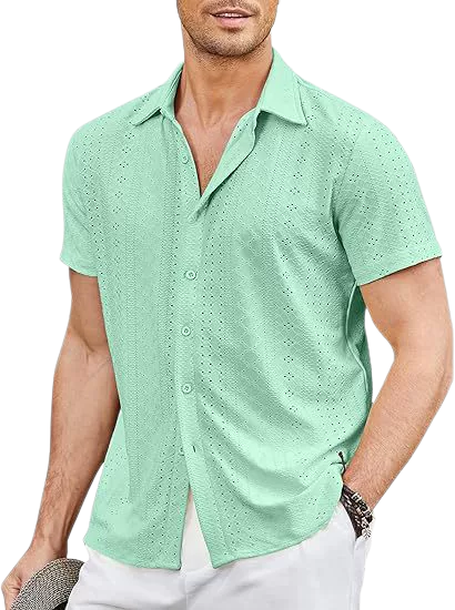 Men Button Beach Shirt Short Sleeve Casual Vacation Summer Long Sleeve Tropical Top