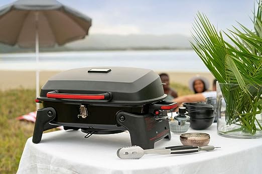 Megamaster 820-0065C 1 Burner Portable Gas Grill for Camping, Outdoor Cooking , Outdoor Kitchen, Patio, Garden, Barbecue with Two Foldable legs, Red + Black