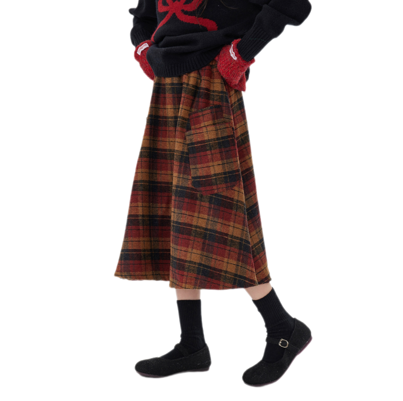 Girls' Wool Plaid Midi Skirt – Stylish Fall/Winter Checkered Skirt