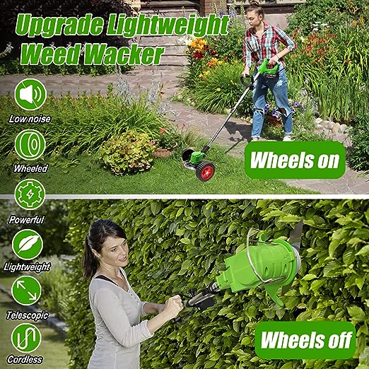 Weed Eater Cordless, Electric Weed Wacker Battery Operated Lawn Trimmer with 2 x 21V 2Ah Battery Powered & Charger, Lightweight No String Trimmer/Grass Trimmer/Edger/Mower/Brush Cutter for Garden Yard