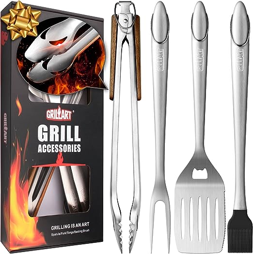 GRILLART BBQ Tools Grill Tools Set - 18Inch Grilling Tools BBQ Set - Grill Accessories w/BBQ Tongs, Spatula, Fork, Brush - Stainless Grill Kit Grilling Set - Gift Ideas BBQ Accessories, Gifts for Men