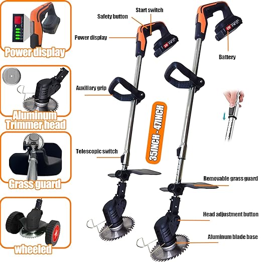 Cordless grass trimmer/shrub cuttter with 1h long-lasting battery weed wacker, grass trimmer, lawn mower Tanutil weed wacker package includes weed wacker, battery, fast charger, blades What's In Your Package? 1 X weed wacker 1 X Battery 1 X Fast Charger 1