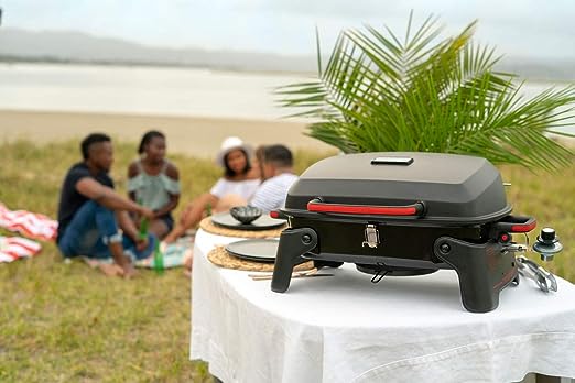 Megamaster 820-0065C 1 Burner Portable Gas Grill for Camping, Outdoor Cooking , Outdoor Kitchen, Patio, Garden, Barbecue with Two Foldable legs, Red + Black