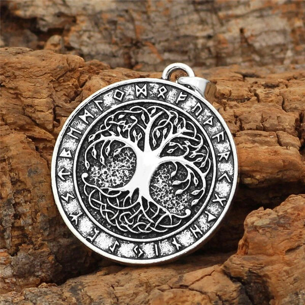 Nordic Vintage Tree of Life Round Pendant Viking Rune Necklace Antique Bronze Silver Color Men Women Jewelry Gifts