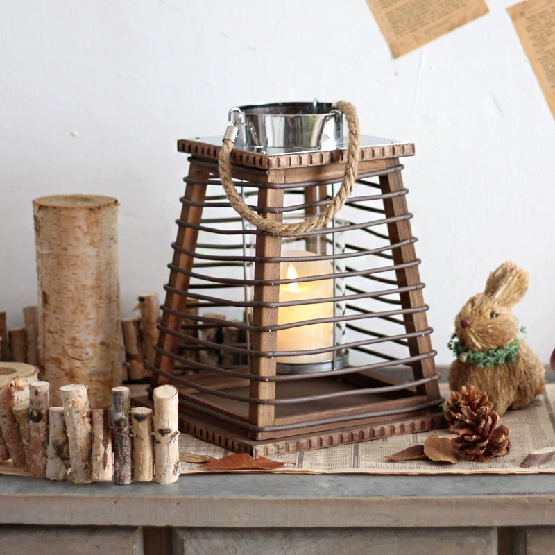 Vintage Wooden Lantern Candle Holder – Handheld Decorative Lamp for Coffee Shops, Showrooms, Bedrooms, Restaurants, and Courtyards, American Style