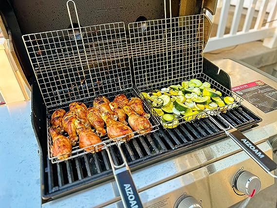 AIZOAM Grill Basket Stainless Steel BBQ Grilling Basket Large Folding Grill Basket with Removable Handle. Grill Basket for Fish,Vegetables Great Useful BBQ Accessories Grilling Gifts for Men Dad