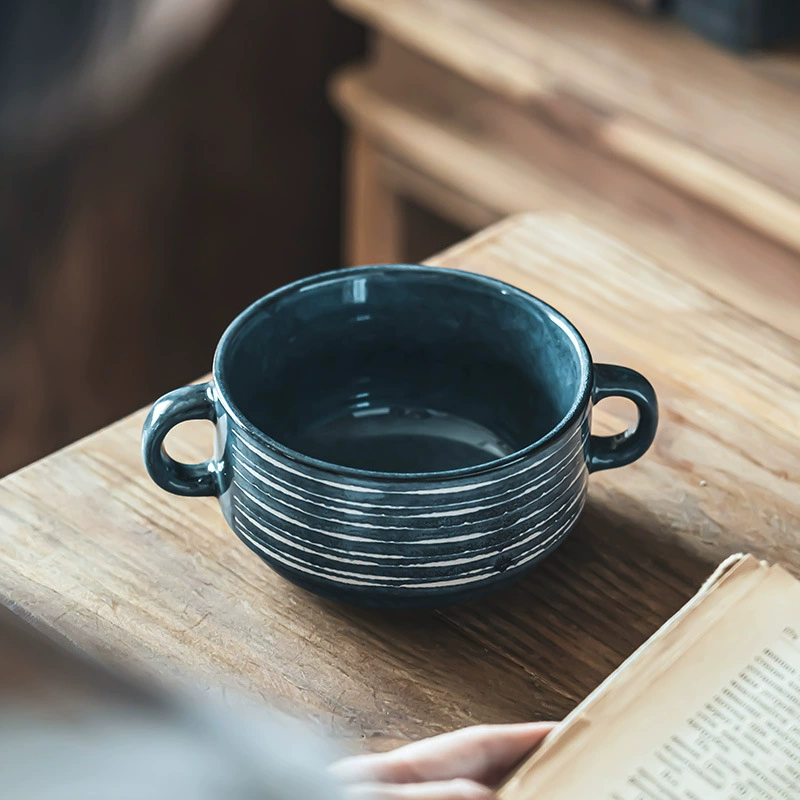 Vintage Reactive Glaze Double-Handled Ceramic Bowl