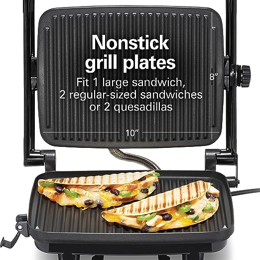 Hamilton Beach Panini Press Sandwich Maker & Electric Indoor Grill with Locking Lid, Opens 180 Degrees for any Thickness for Quesadillas, Burgers & More, Nonstick 8