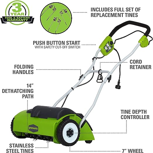 Scotts Outdoor Power Tools LSW70026S 26-Inch Push Lawn Sweeper, Black/Green & Greenworks 10 Amp 14” Corded Electric Dethatcher (Stainless Steel Tines)