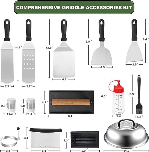 18PCS Griddle Accessories Kit, Flat Top Grill Accessories Set for Blackstone and Camp Chef, Grill Spatula Set with Enlarged Spatulas, Basting Cover, Scraper for Outdoor BBQ