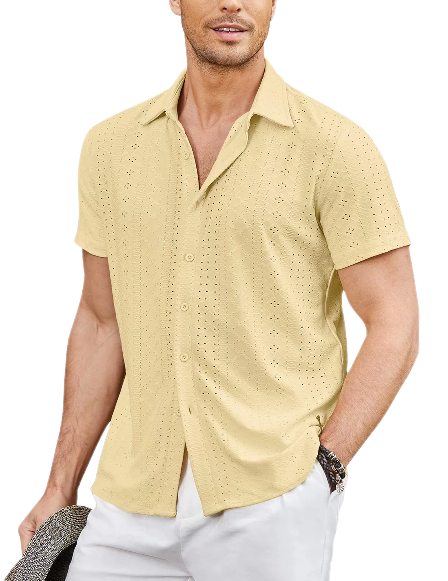 Men Button Beach Shirt Short Sleeve Casual Vacation Summer Long Sleeve Tropical Top