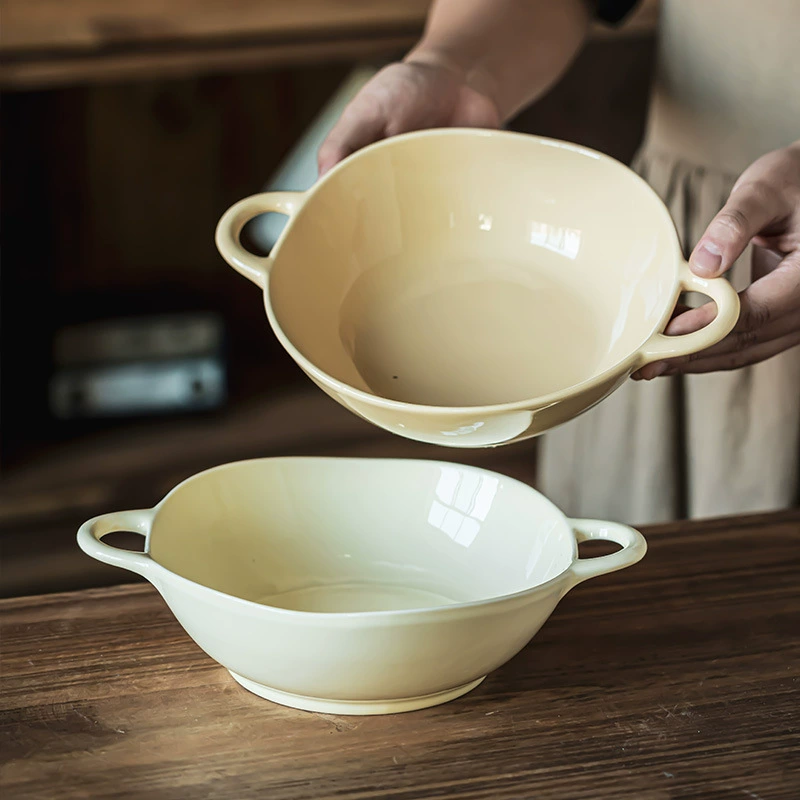 Cream-Colored Solid Ceramic Double-Handled Bowl