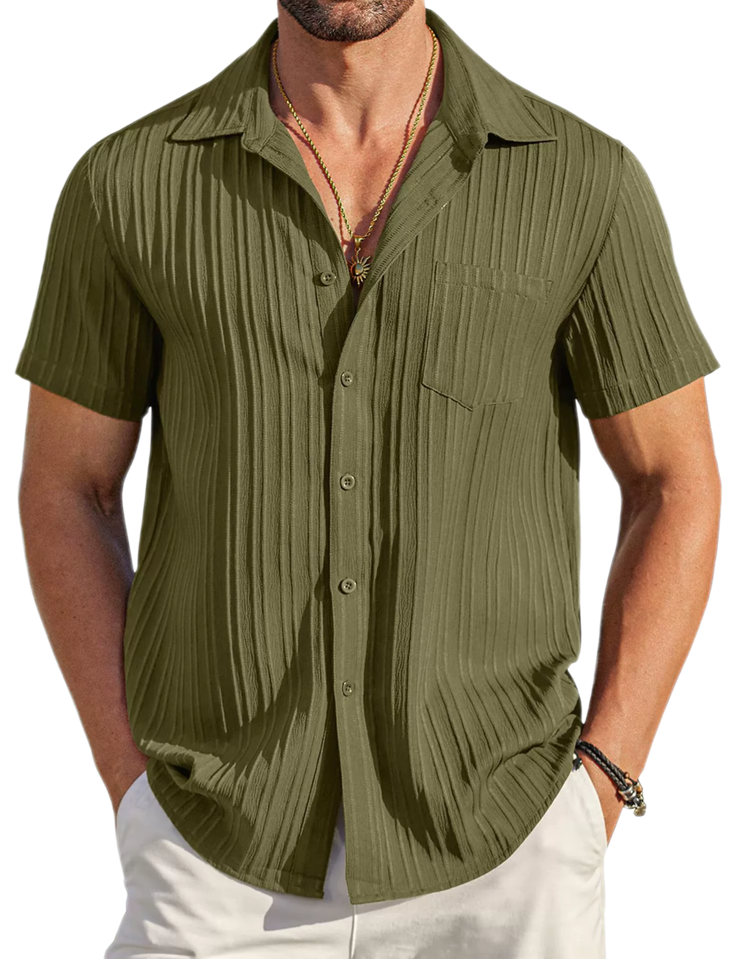 Men's Summer Polo Collar Short Sleeve Button Up Shirt Solid Color Casual Stylish