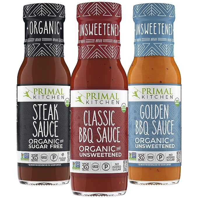 Primal Kitchen Organic Unsweetened BBQ & Steak Sauce Three-Pack, Whole30 Approved, Certified Paleo, and Keto Certified, Includes Classic BBQ, Golden BBQ, and Steak